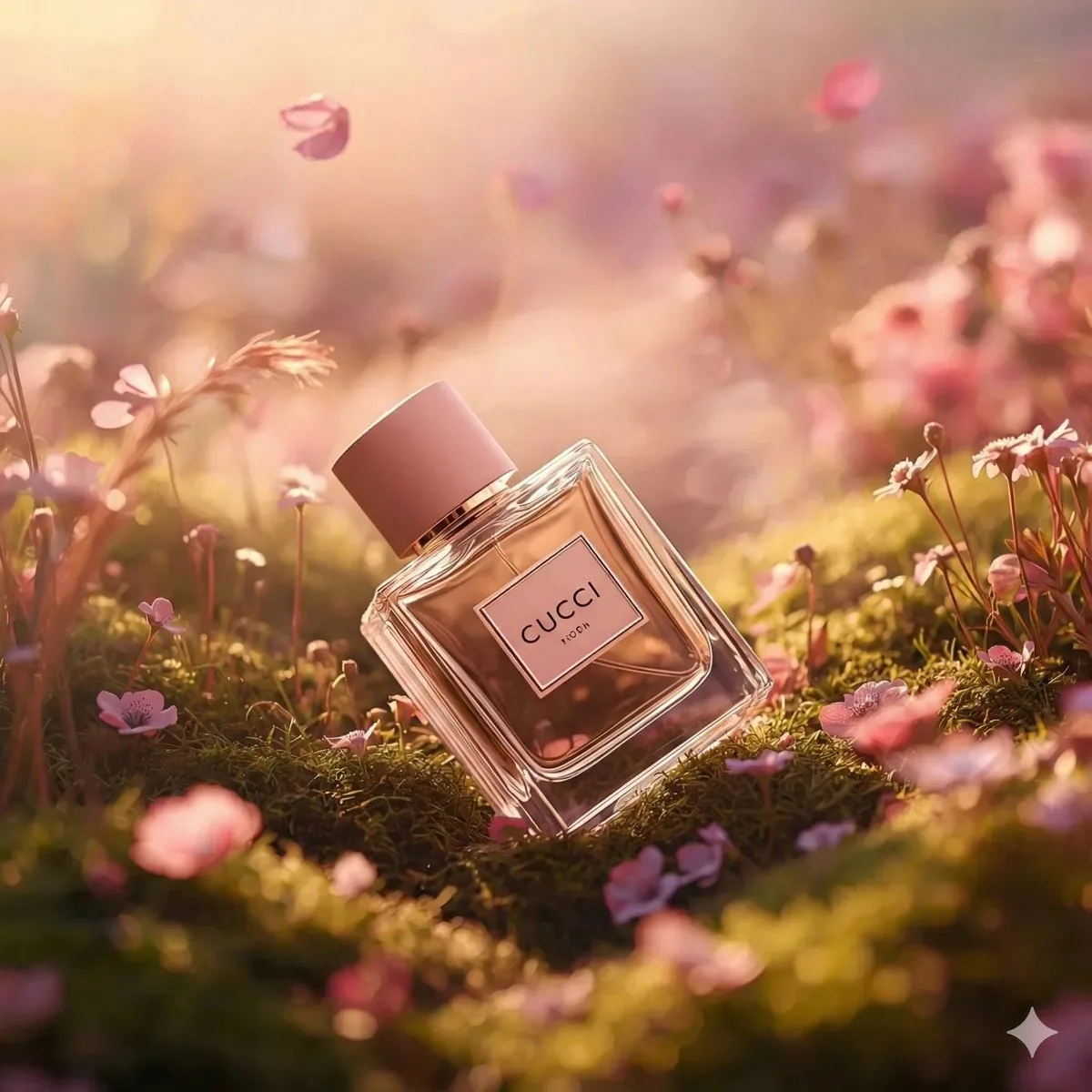 Hyper-realistic luxury perfume product shot in fantasy meadow - Nano Banana Pro AI Prompt for Product Marketing reference