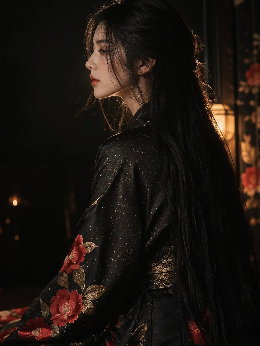 Dark Kimono Portrait with Hidden Face reference