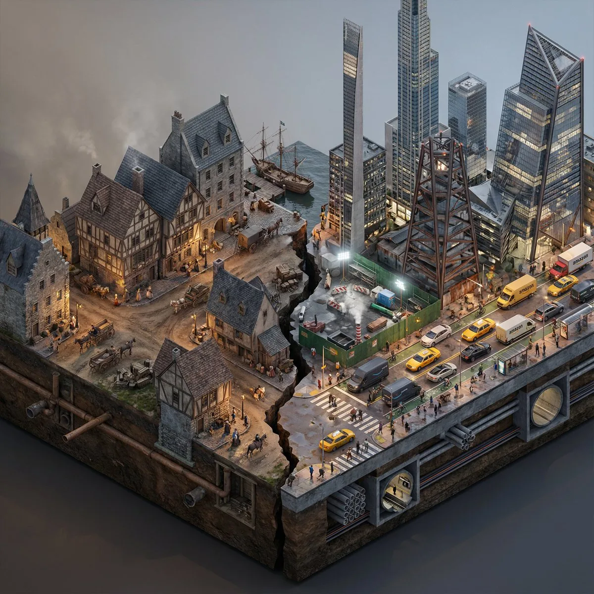Split-Era Urban Diorama Generation Prompt for Nano Banana Pro - Nano Banana Pro AI Prompt for Infographic / Edu Visual reference