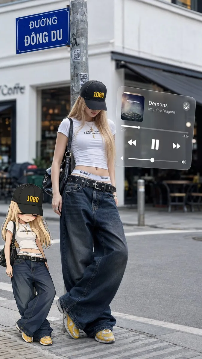Urban street fashion portrait with AR overlays reference