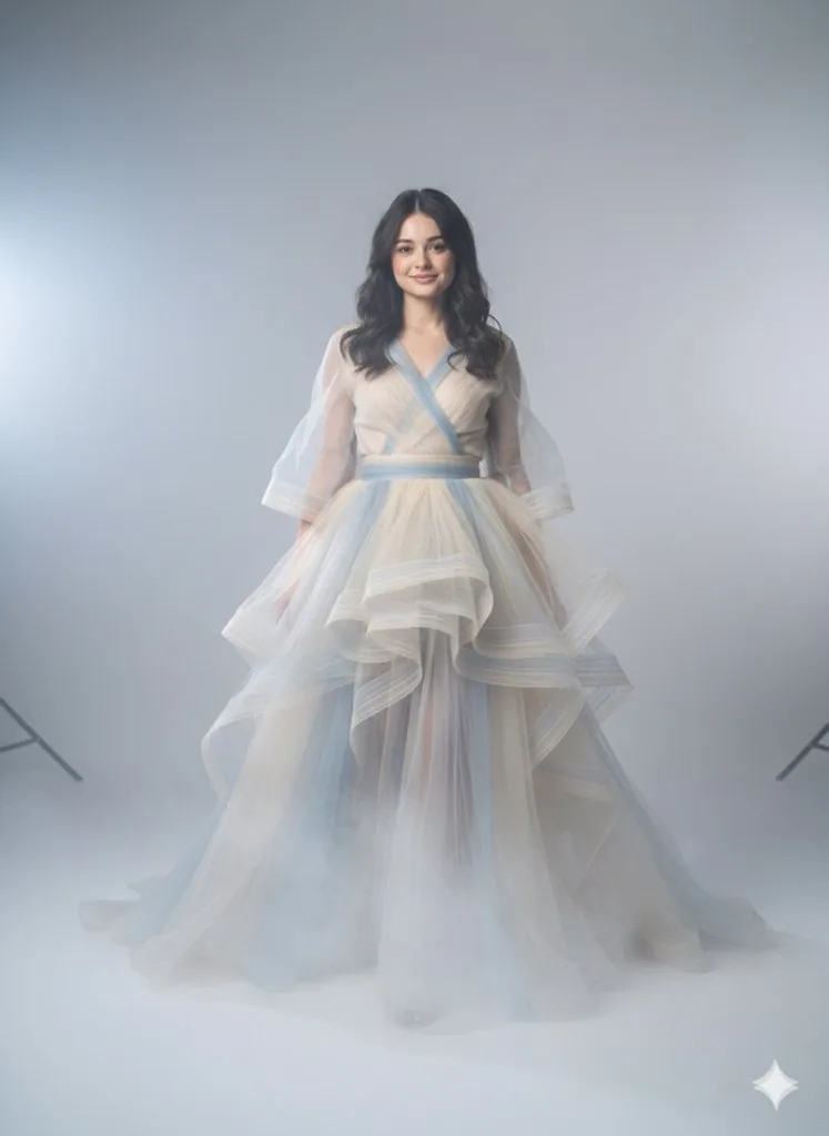 Dreamlike Couture Portrait: Gown Blending with Mist reference