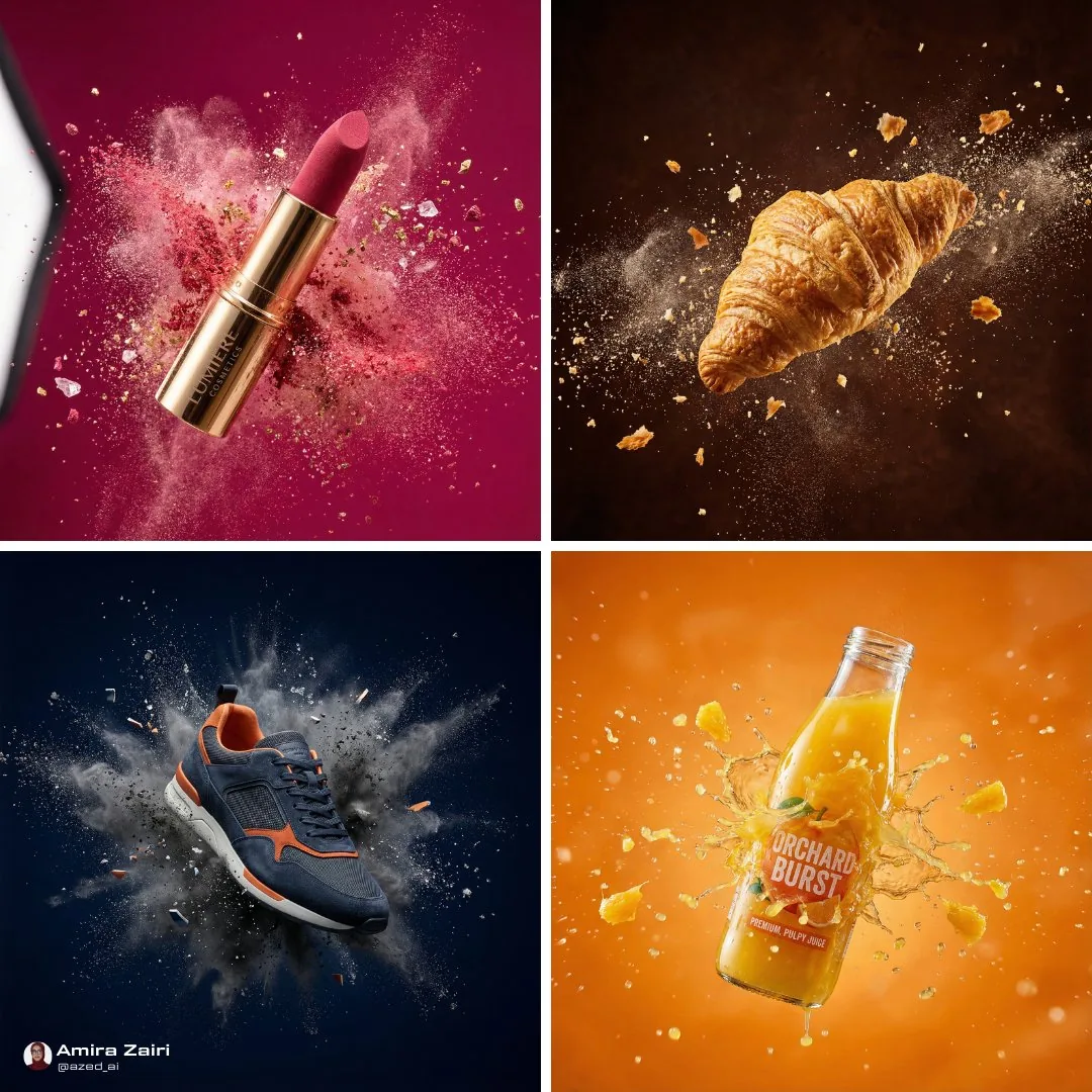 Explosive Mid-Air Product Shot reference