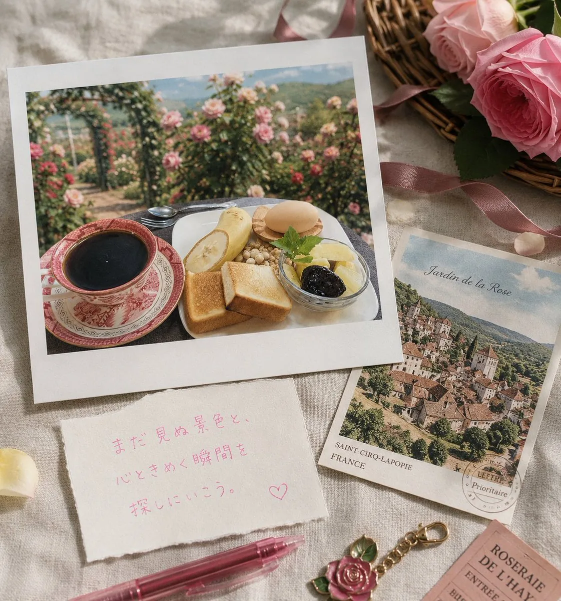 Rose Garden Travel Postcard Flat Lay reference