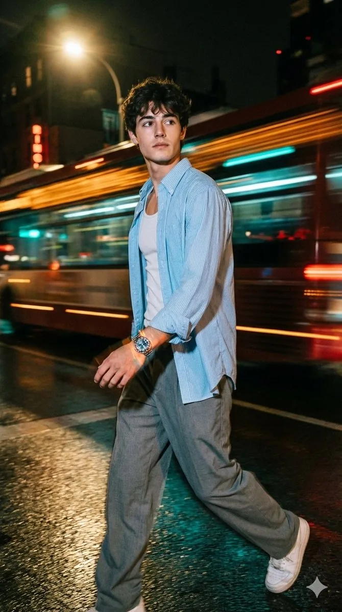 Cinematic Night Street Portrait of Indian Man reference