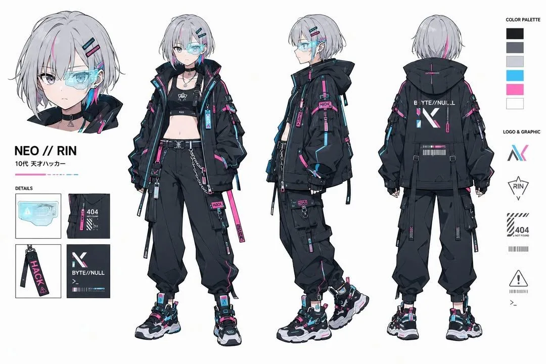 Cyberpunk Hacker Girl Character Design Sheet reference