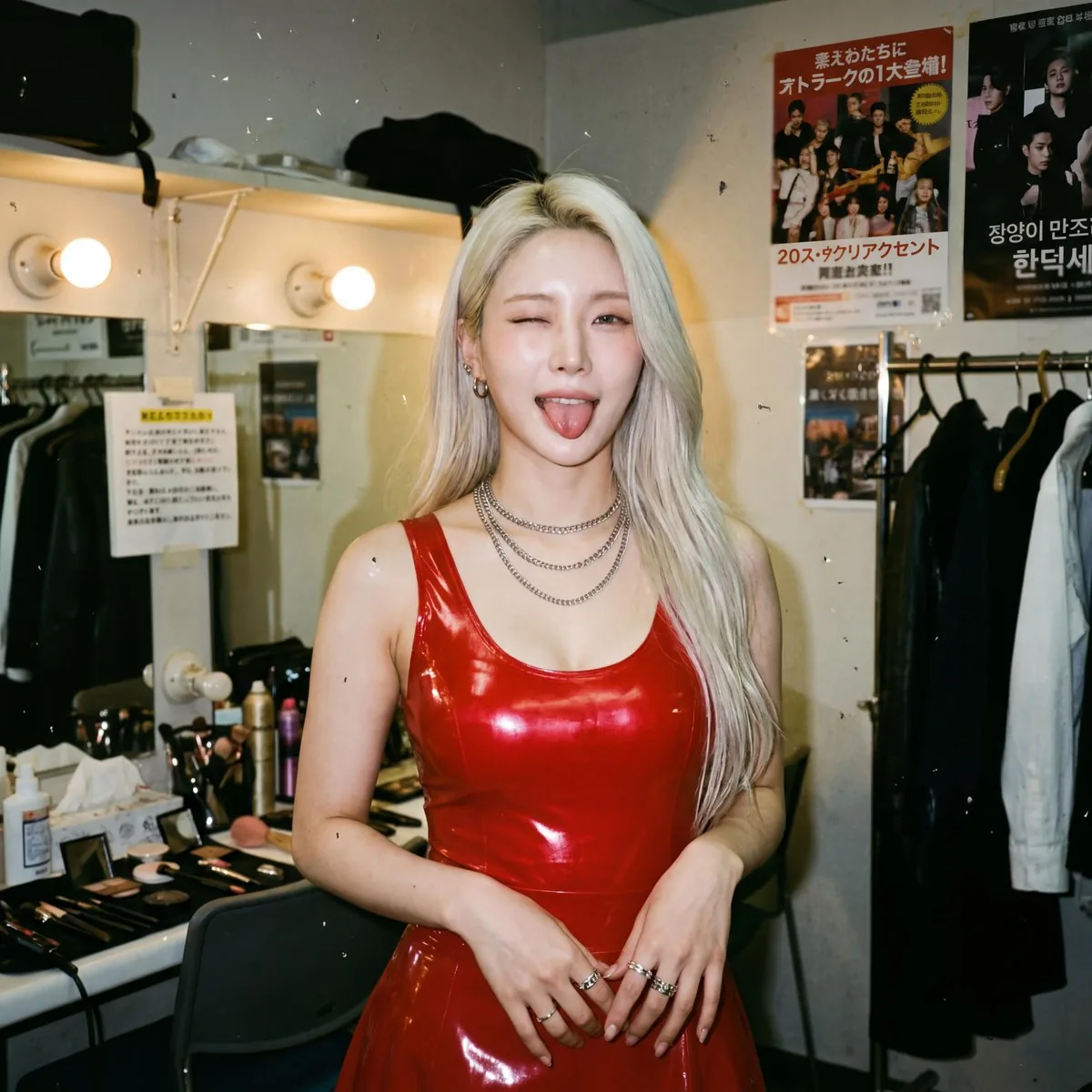 Japanese Analog Film Photo of Woman in Red Latex - Nano Banana Pro AI Prompt for Social Media Post reference