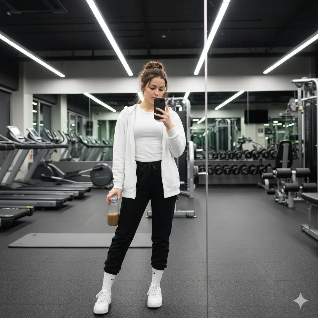 Gym Mirror Selfie with Identity Lock Prompt - Nano Banana Pro AI Prompt for Social Media Post reference