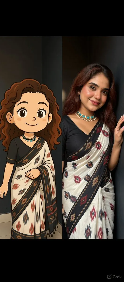 Side-by-Side Portrait of Realistic Woman in Saree and Cartoon Younger Self - Nano Banana Pro AI Prompt for Product Marketing reference