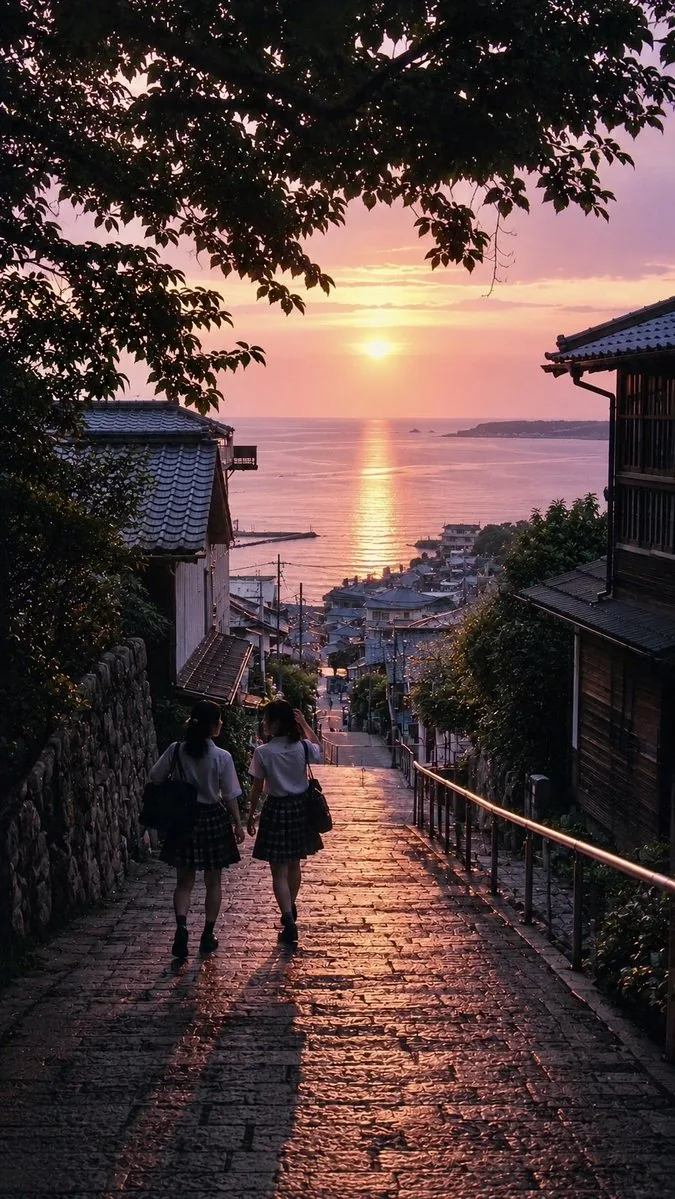 Nostalgic Japanese Seaside Sunset reference