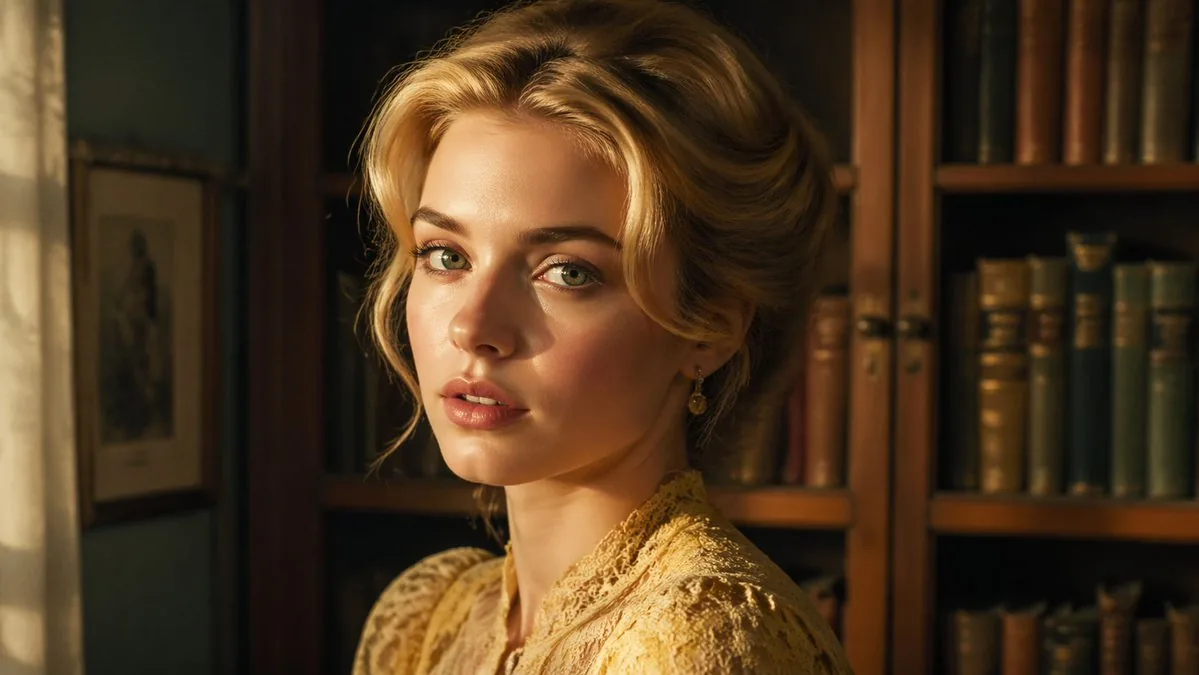 Cinematic Woman in Vintage Library reference