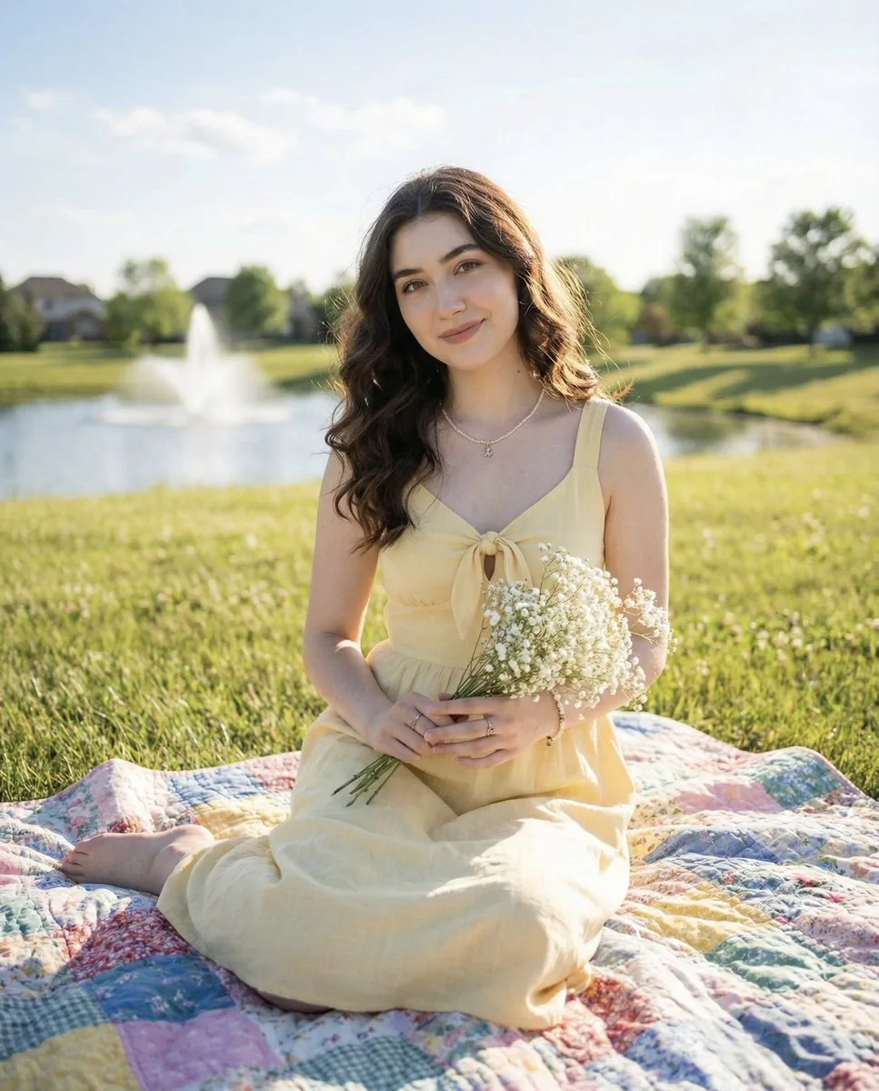 Natural outdoor portrait of a young woman on a picnic blanket - Nano Banana Pro AI Prompt for Profile / Avatar reference