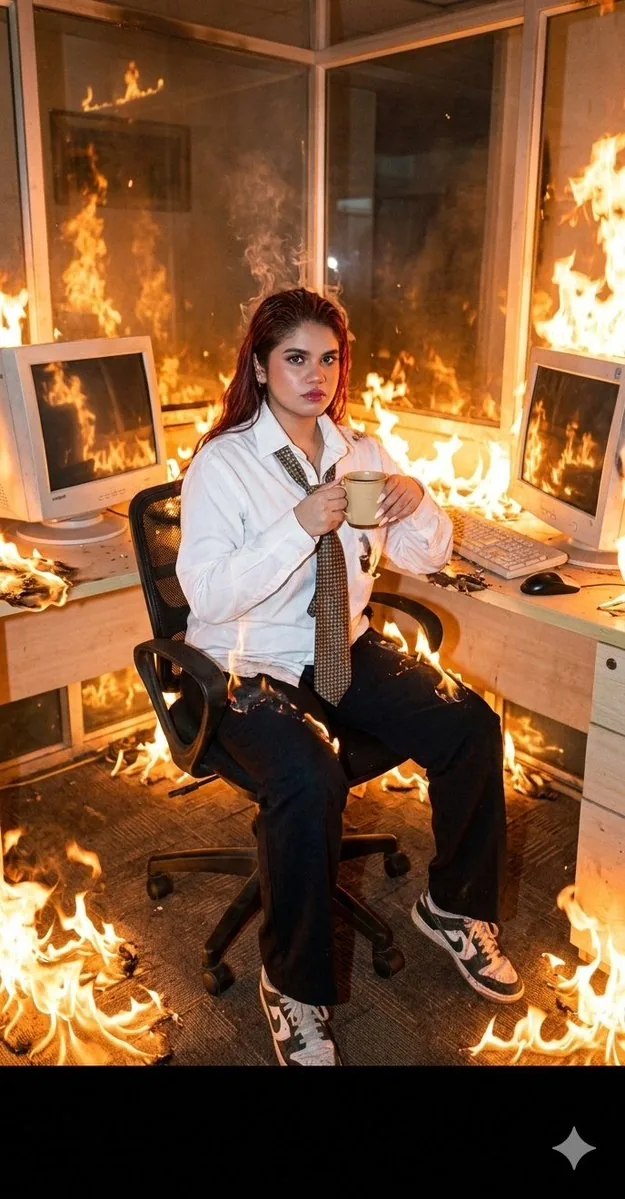 Absurdist Office Workspace Fire - Nano Banana Pro AI Prompt for Social Media Post reference
