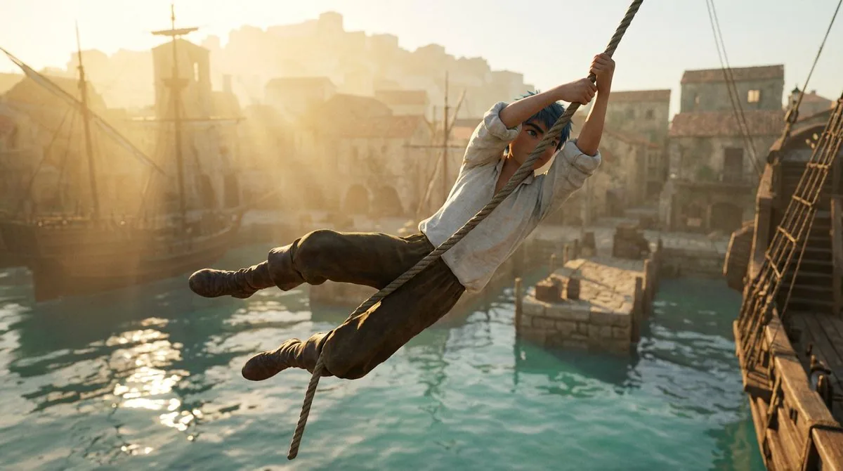 Frozen Action Shot of Character Swinging on a Rope reference