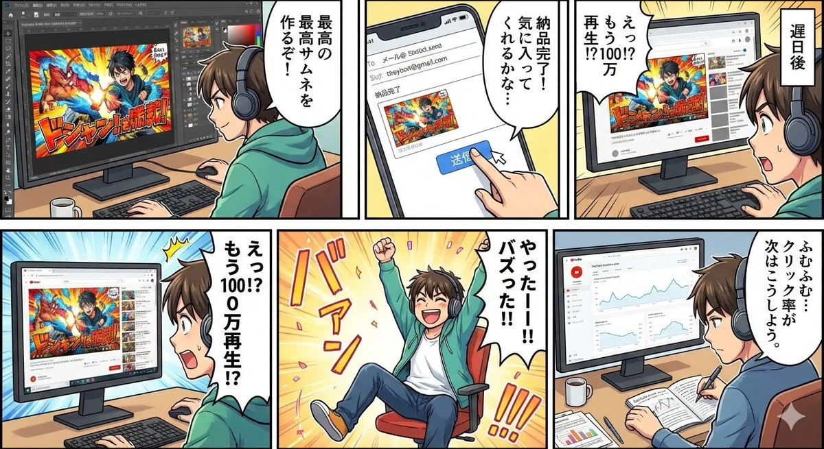 Five-panel manga of a YouTube thumbnail creator workflow reference