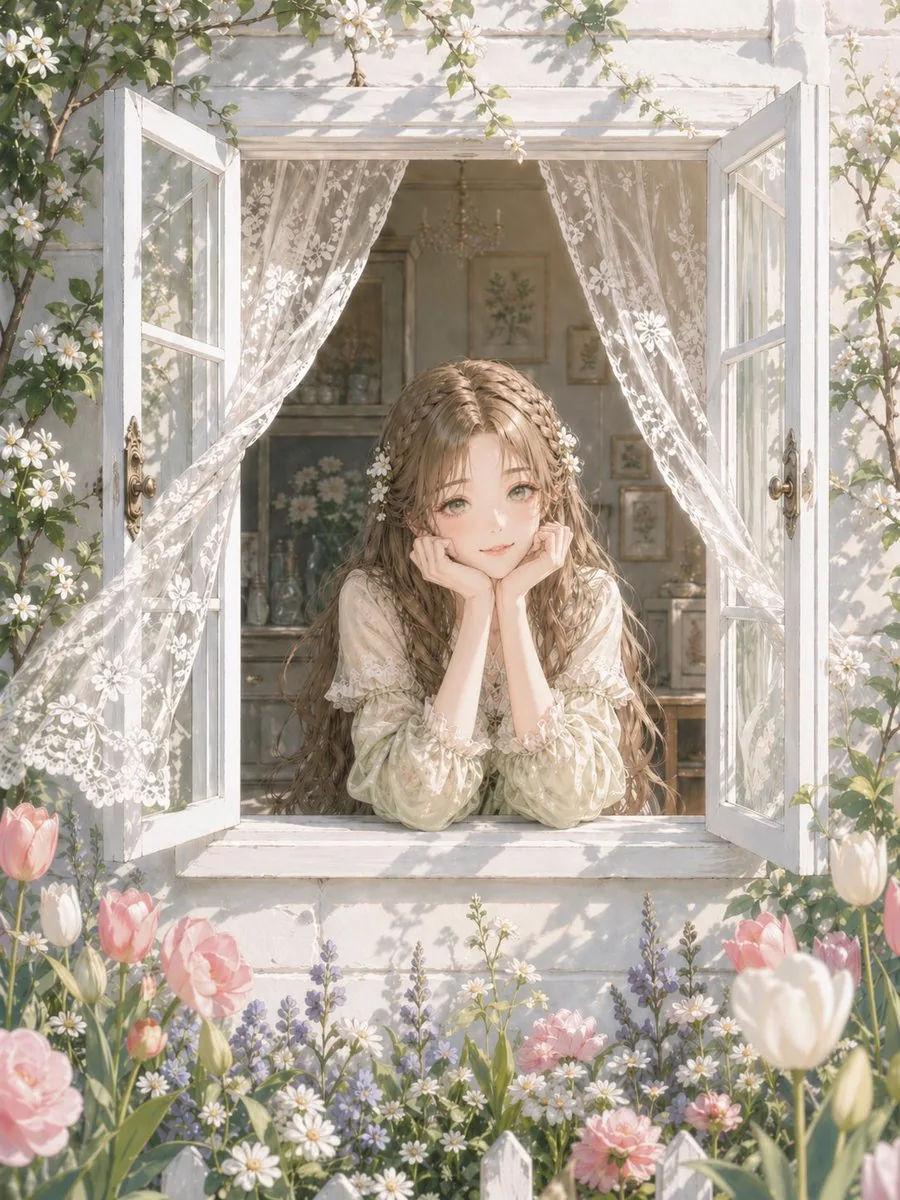 Romantic Cottage Window Garden Scene reference