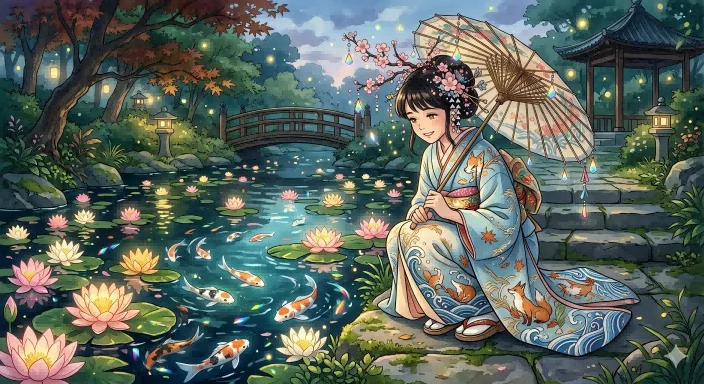 Dreamy Kimono Woman by a Koi Pond reference