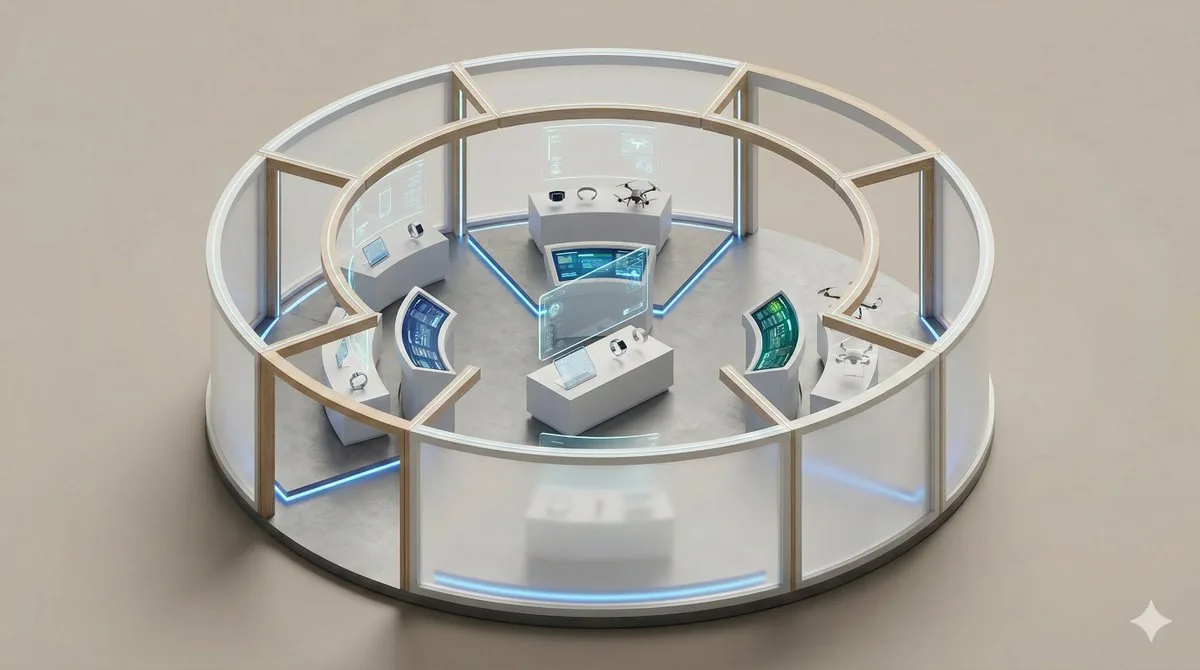 Minimalist 3D Isometric Exhibition Pod Diorama reference