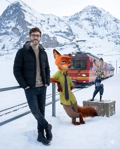 Cinematic Winter Travel Scene with Zootopia Characters - Nano Banana Pro AI Prompt for Social Media Post reference