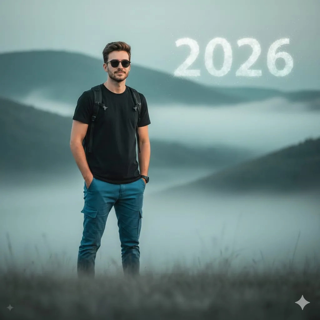 Cinematic Mountain Portrait with Floating Text reference