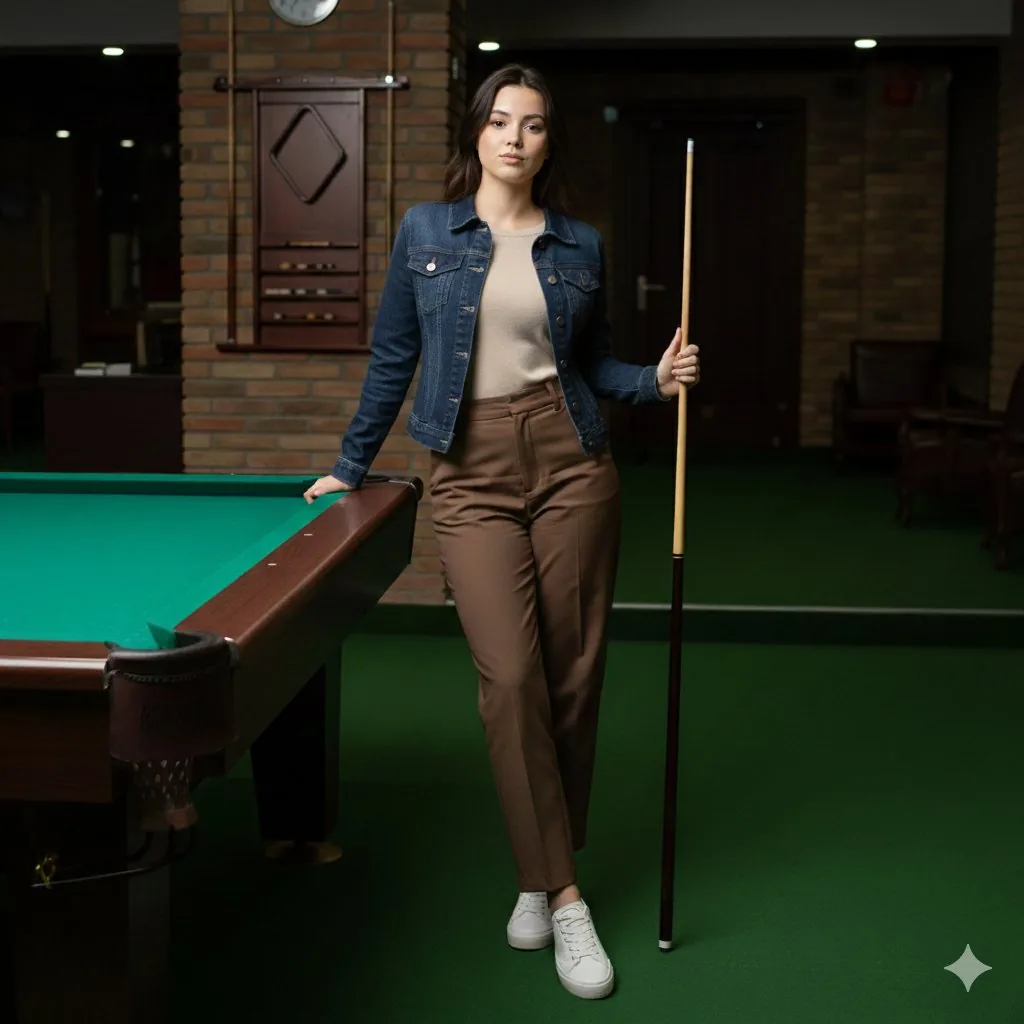 Casual Lifestyle Portrait in a Billiards Lounge (Brown Trousers) - Nano Banana Pro AI Prompt for Social Media Post reference