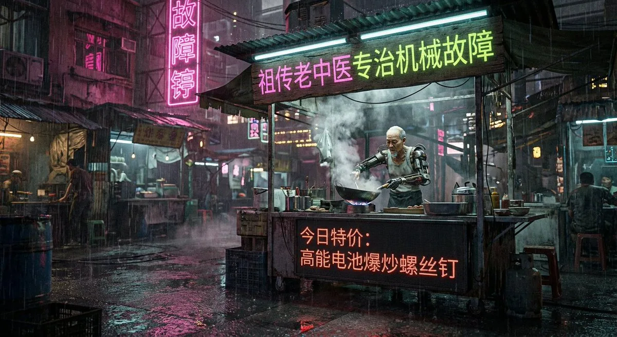 Cyberpunk 80s Chinese street stall scene reference
