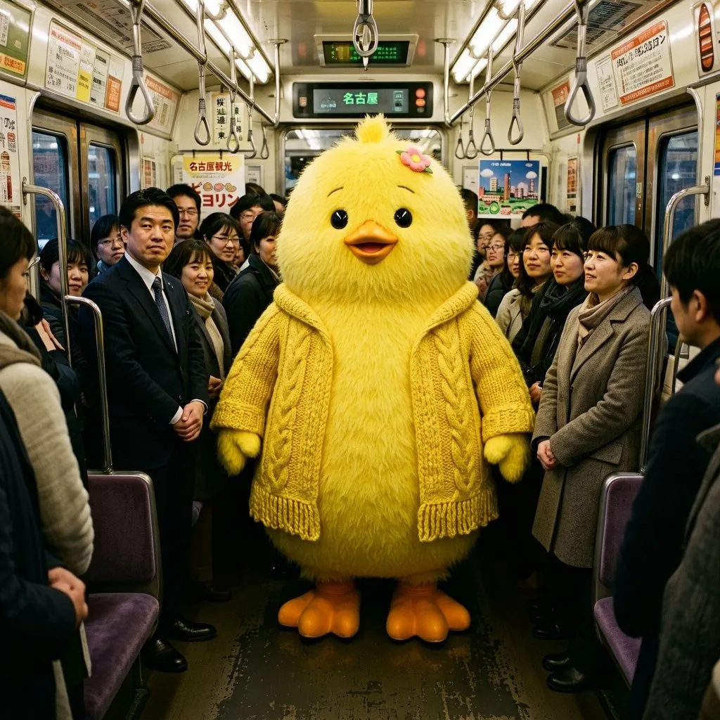 Yellow Chick Mascot on Japanese Train reference