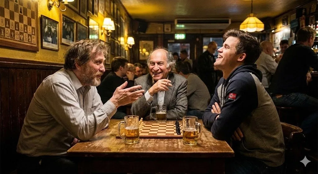 Chess legends hanging out in a bar reference