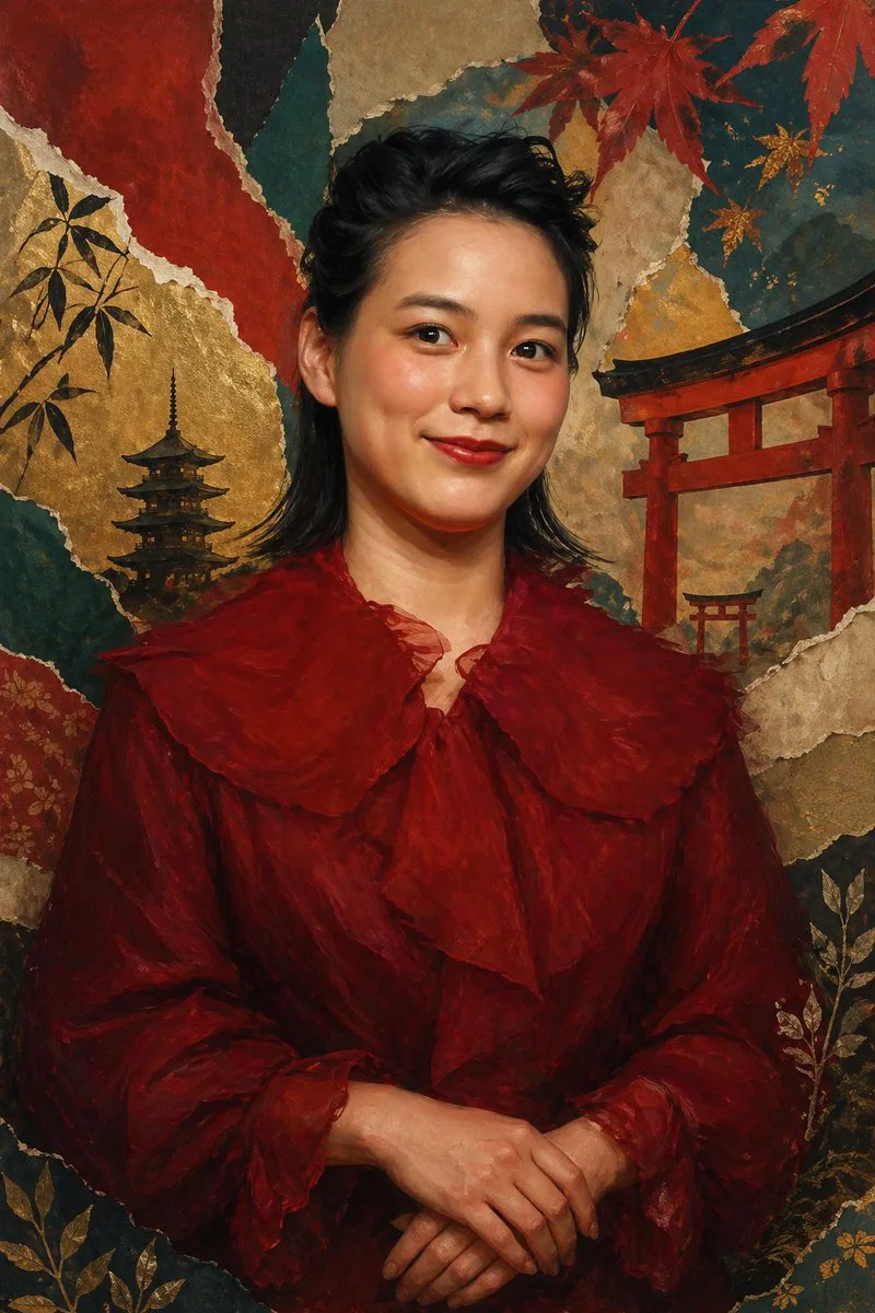 Japanese Collage Portrait in Crimson reference