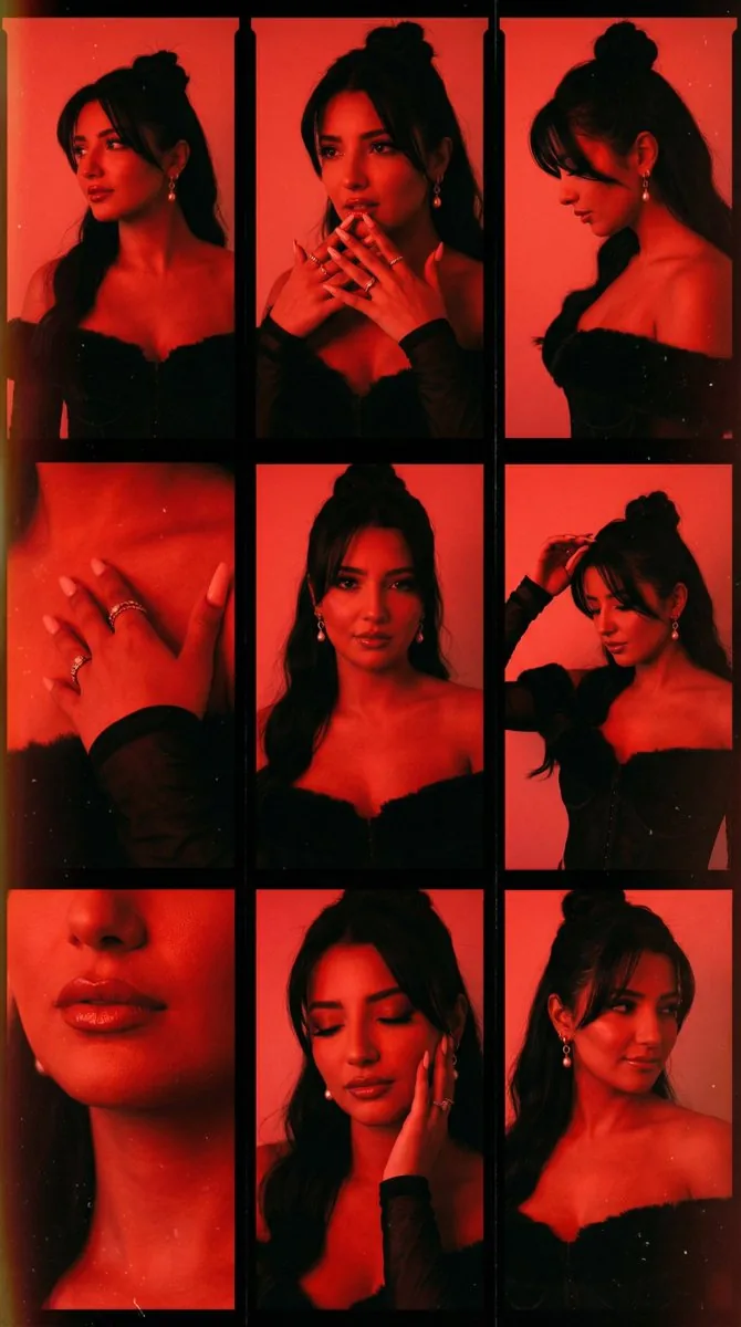 Red Gel-Lit Film Contact Sheet (9-Panel Collage) - Nano Banana Pro AI Prompt for Social Media Post reference