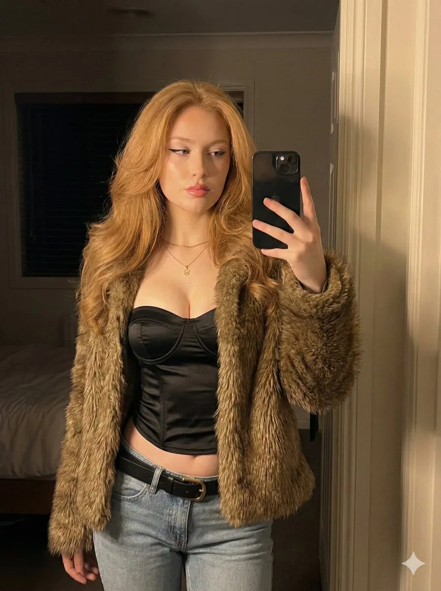 Mirror Selfie in Faux Fur Jacket and Corset Top - Nano Banana Pro AI Prompt for Social Media Post reference