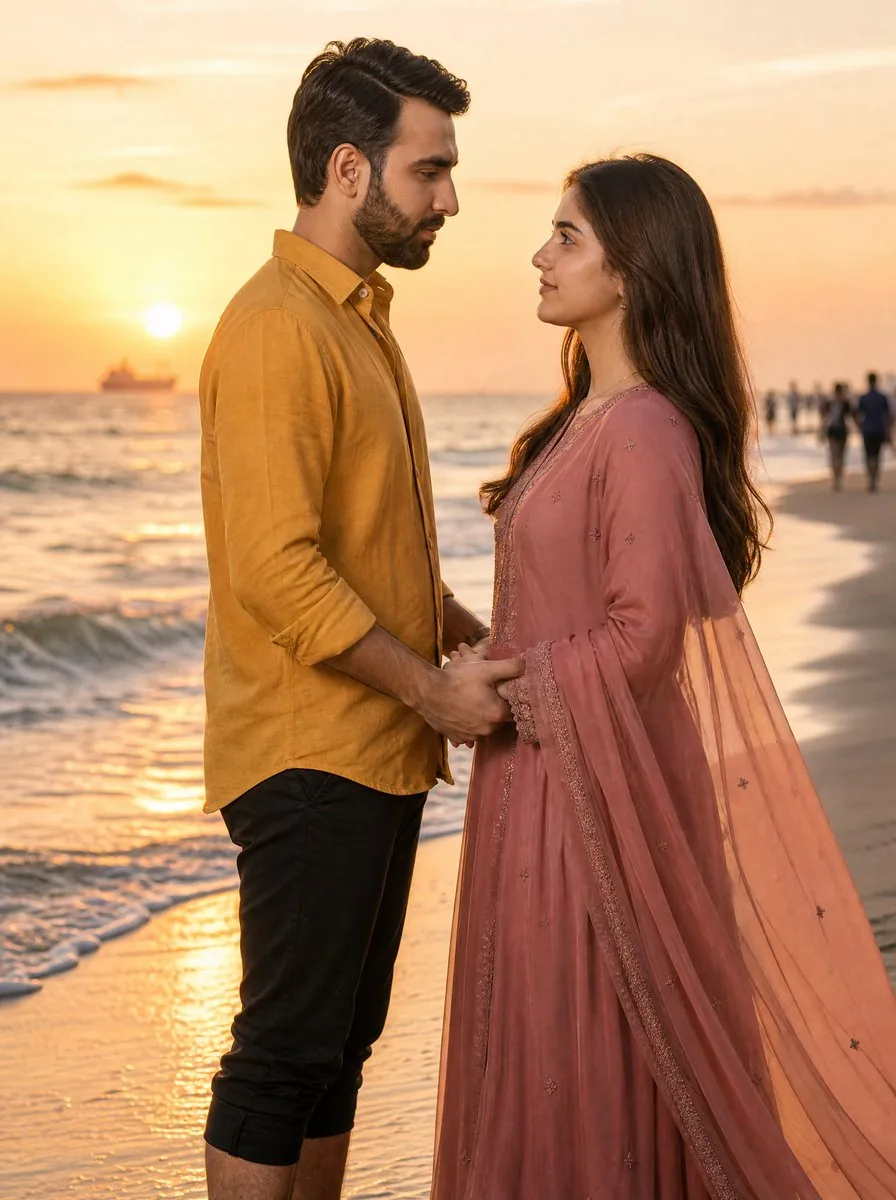 Romantic Sunset Beach Couple Portrait reference
