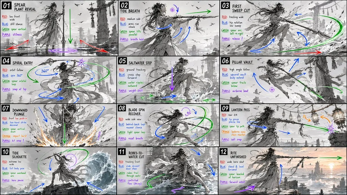 12-Panel Spear Sakuga Storyboard reference