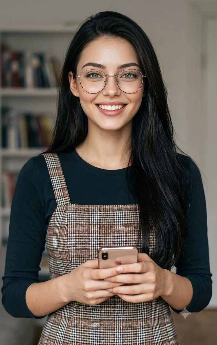 Cozy Indoor Portrait with Plaid Pinafore reference