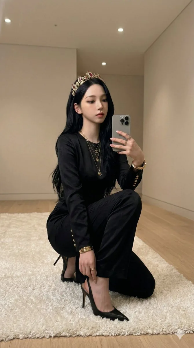 aespa Karina Mirror Selfie with Tiara - Nano Banana Pro AI Prompt for Social Media Post reference