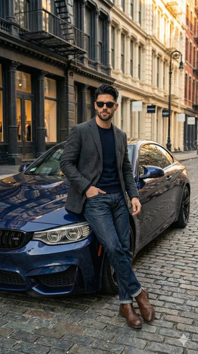Hyper-Realistic Street View of Man Leaning on BMW reference