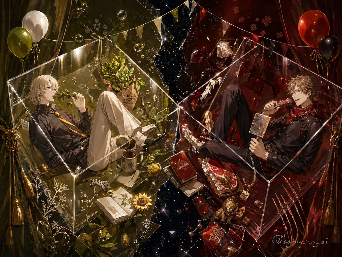 Dual-Themed Anime Boys in Crystal Boxes reference