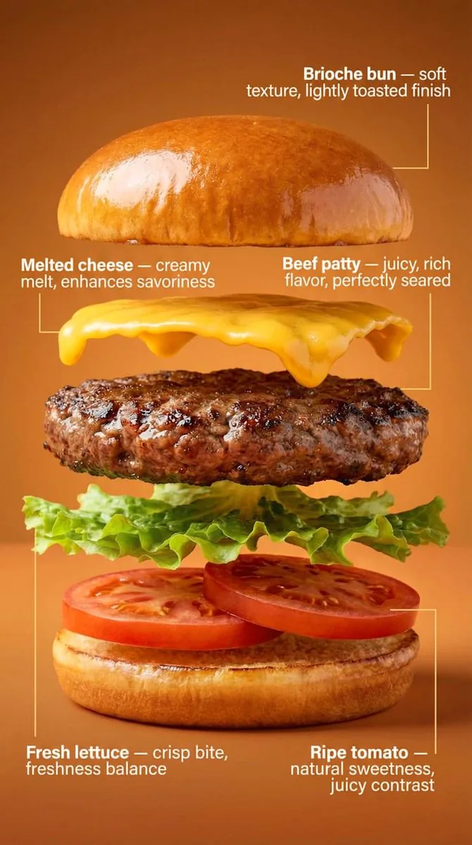 Exploded-View Burger Composition with Annotations reference