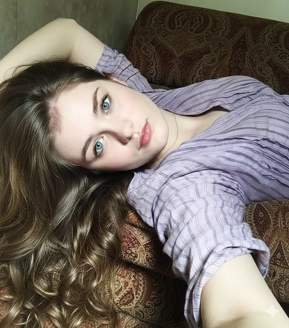 8K Photorealistic Close-Up Selfie Prompt on Ornate Couch - Nano Banana Pro AI Prompt for Social Media Post reference
