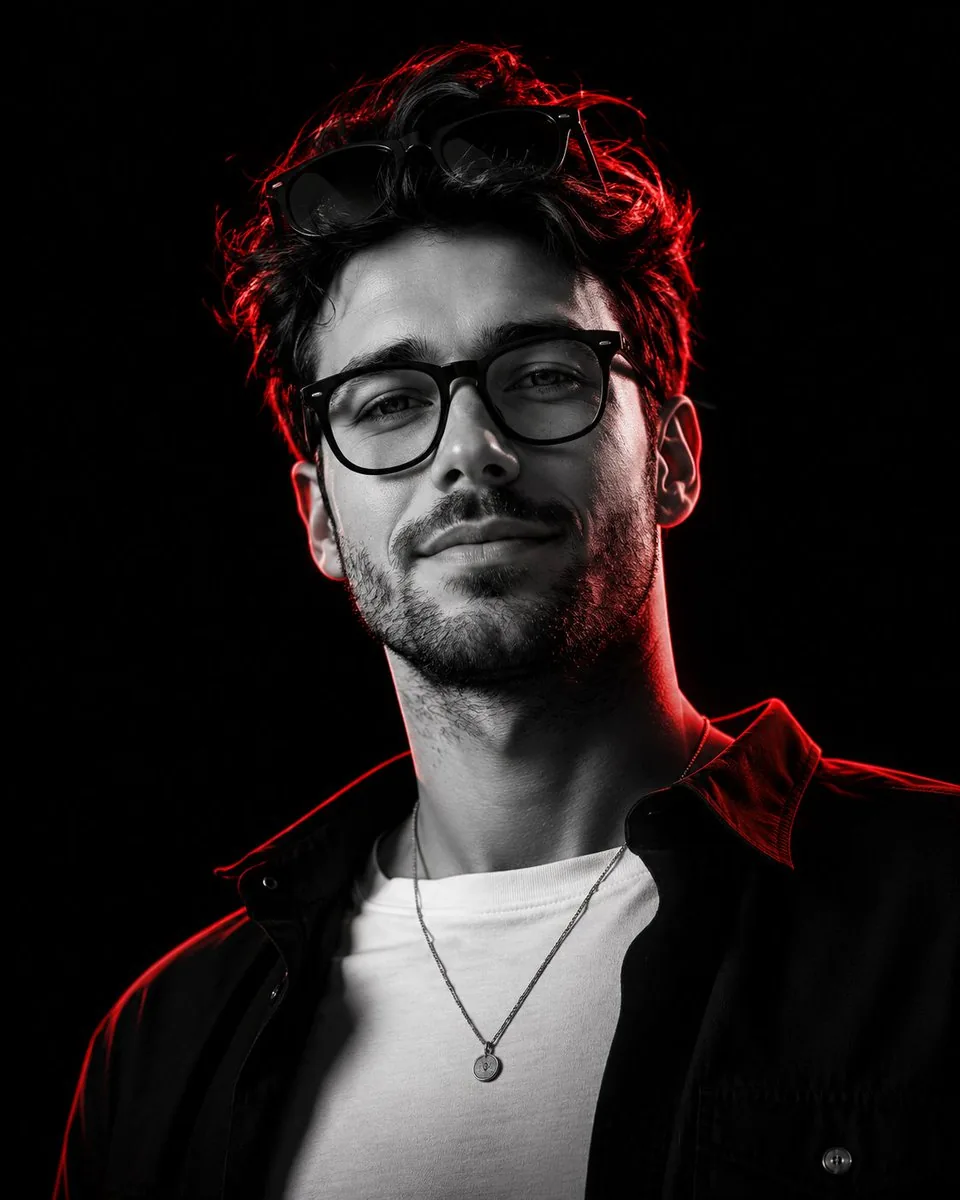 Monochrome Low-Angle Portrait with Red Glow reference