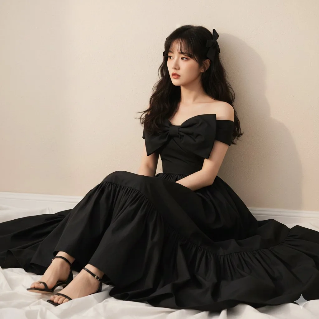 High-Fashion Editorial of Zhao Lusi in Black Bow Gown - Nano Banana Pro AI Prompt for Product Marketing reference