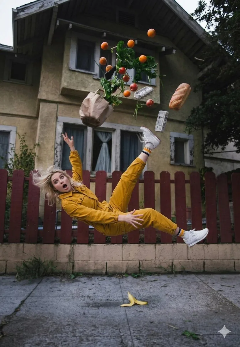Cinematic Surreal Moment: Woman Falling with Exploding Grocery Bag - Nano Banana Pro AI Prompt for Social Media Post reference