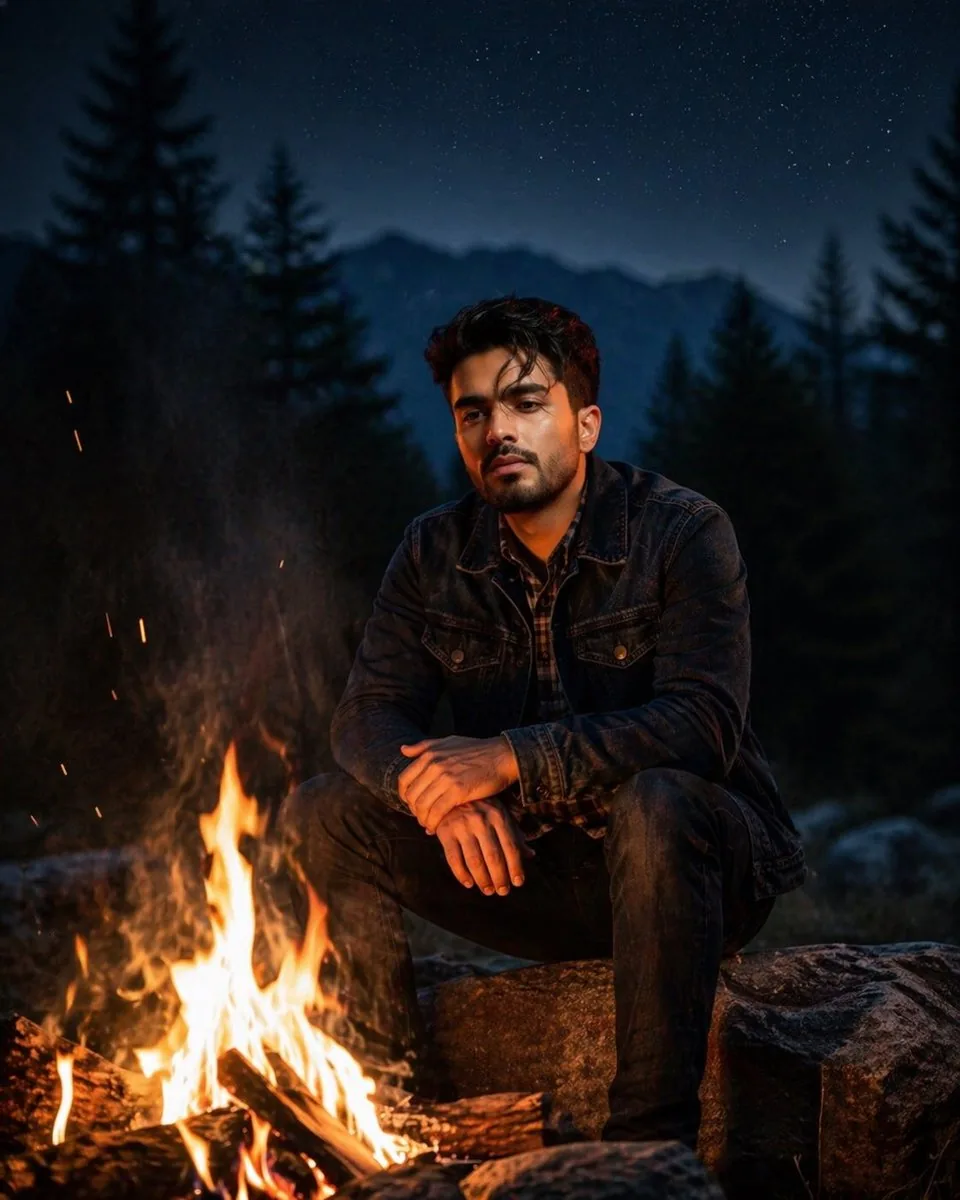 Cinematic Forest Campfire Portrait reference
