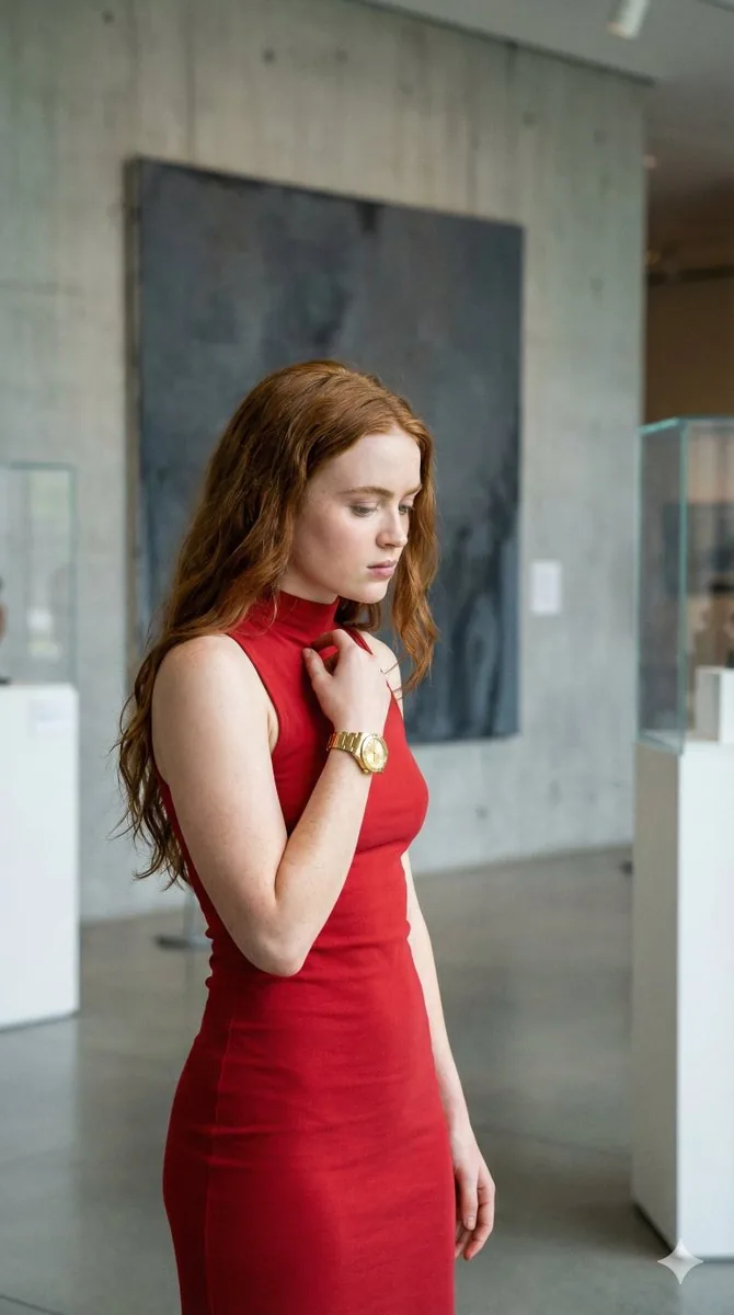 4K Candid Portrait of Sadie Sink in Red Dress Prompt - Nano Banana Pro AI Prompt for Social Media Post reference