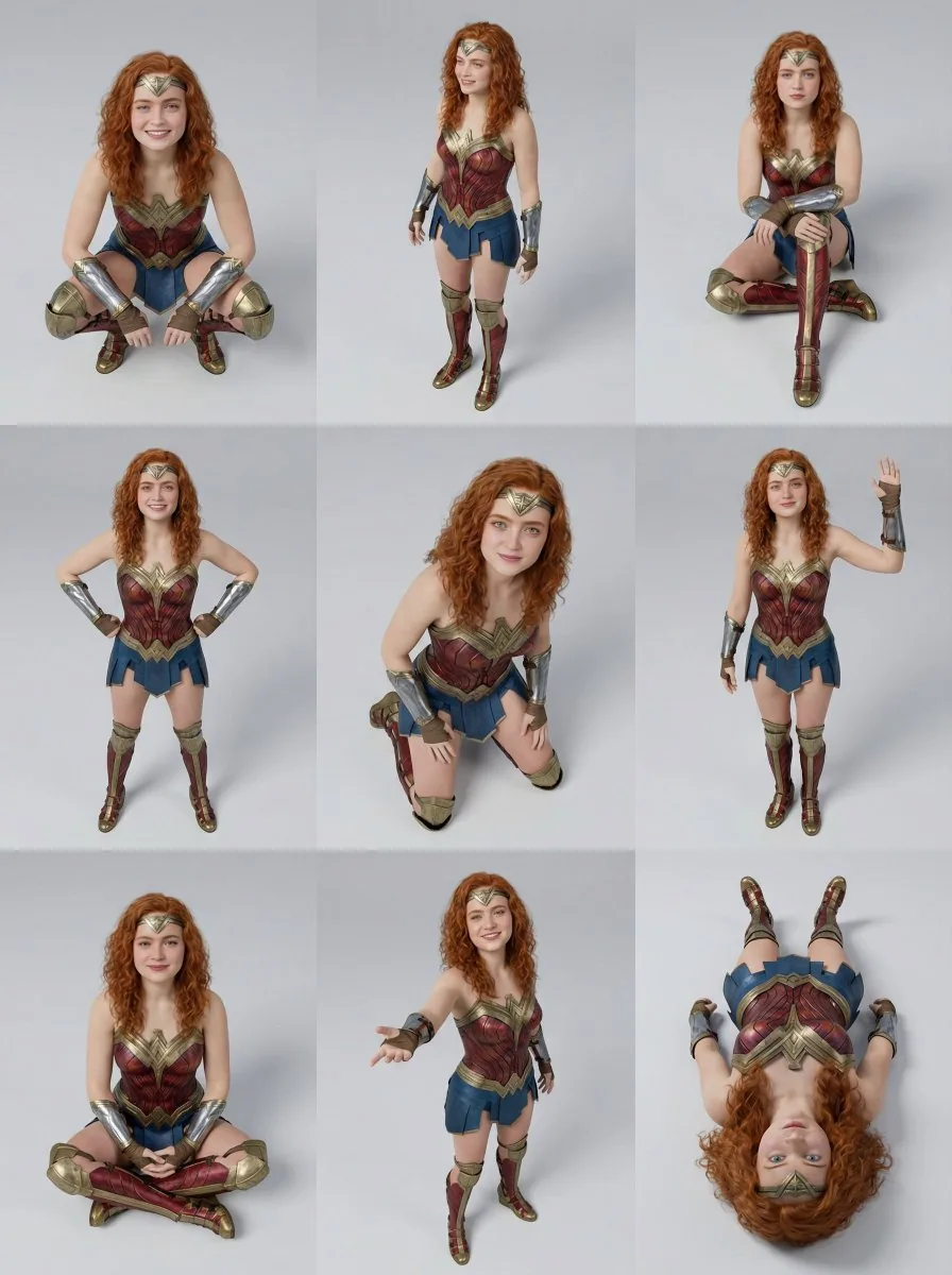 3x3 Character Pose Study Grid (Sadie Sink) - Nano Banana Pro AI Prompt for Game Asset reference