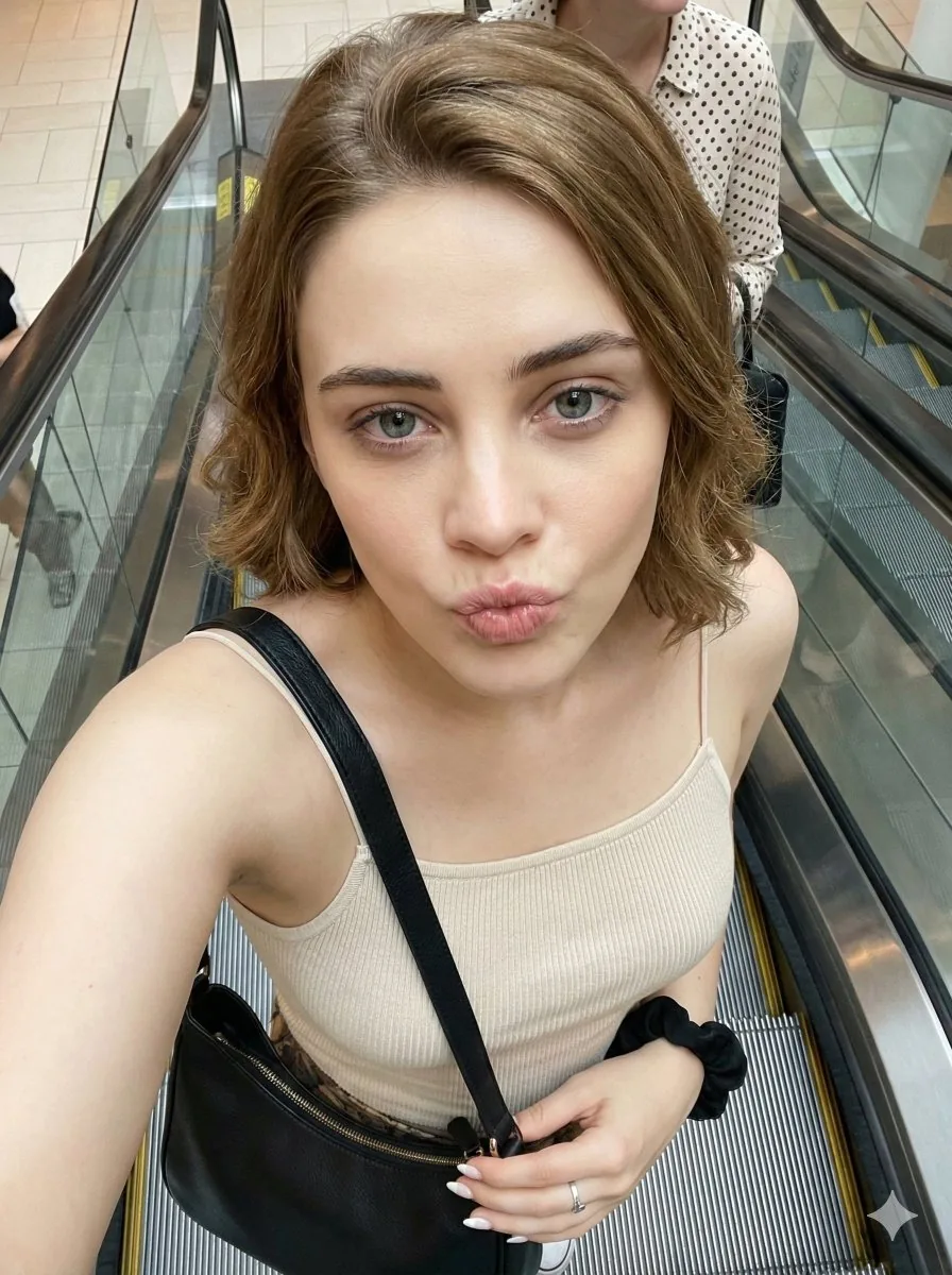 Candid Selfie Prompt with Duck Face Expression on Escalator - Nano Banana Pro AI Prompt for Social Media Post reference