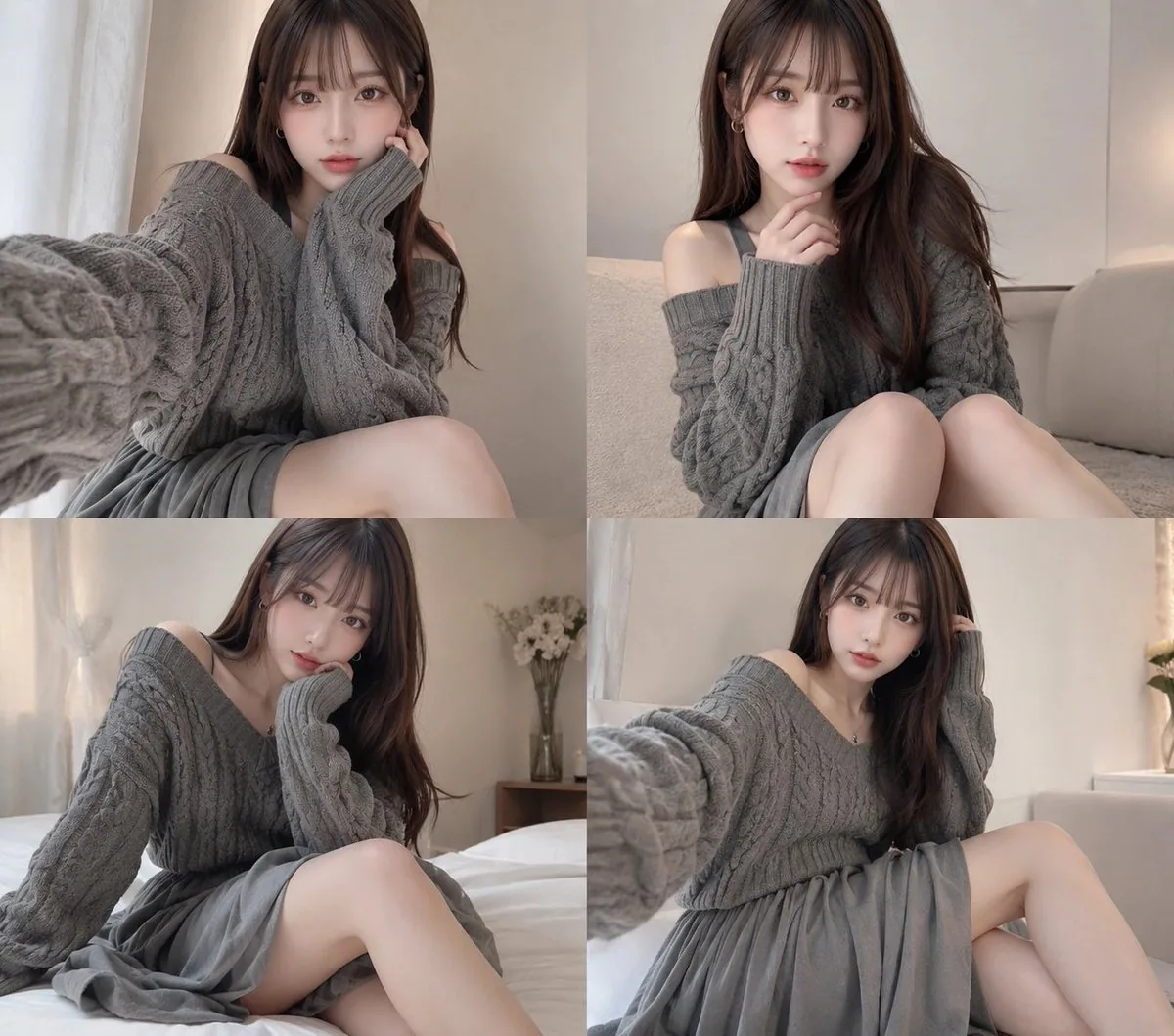 Four-Panel Cozy Gray Sweater Selfie Collage reference