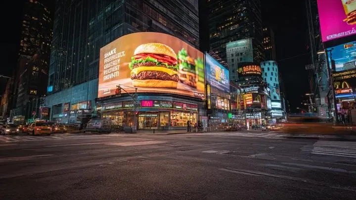 Cyber-Urban Night Cityscape with Hyper-Realistic Billboard Ad reference