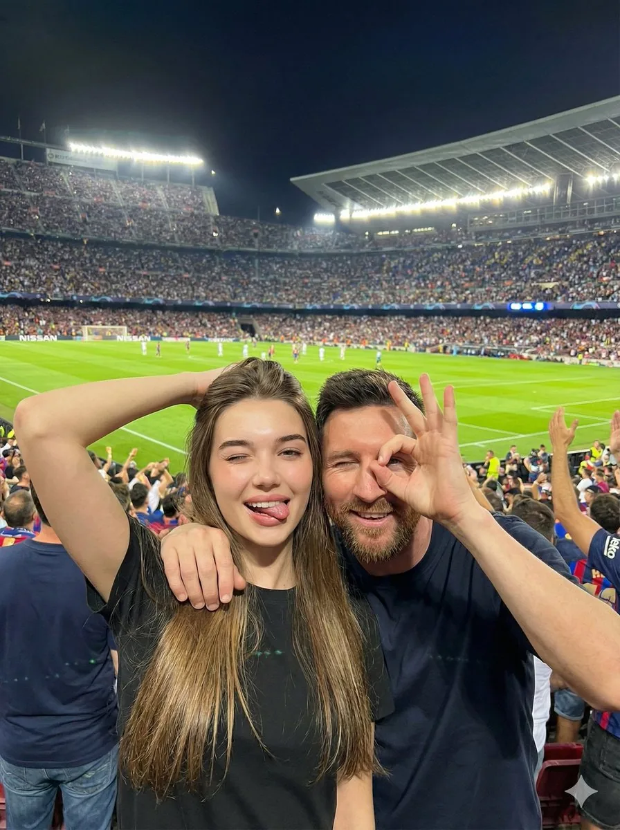 Playful Selfie with Lionel Messi in a Football Stadium - Nano Banana Pro AI Prompt for Social Media Post reference