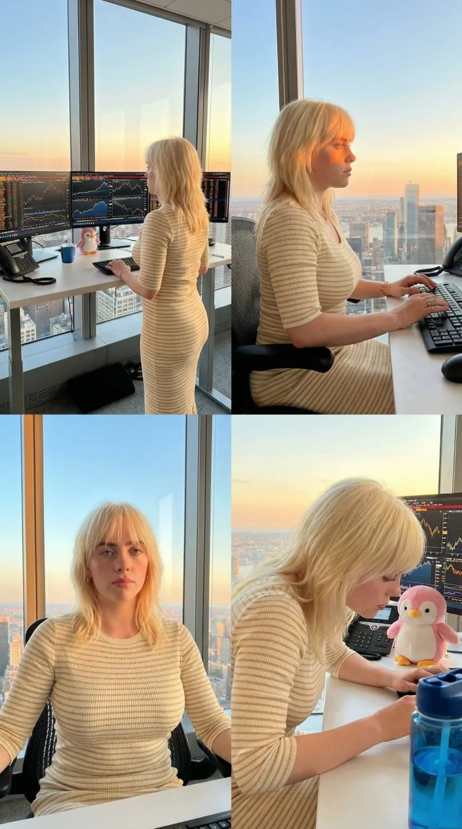 Four-Panel Trading Workspace Lifestyle Collage at Sunset - Nano Banana Pro AI Prompt for Social Media Post reference