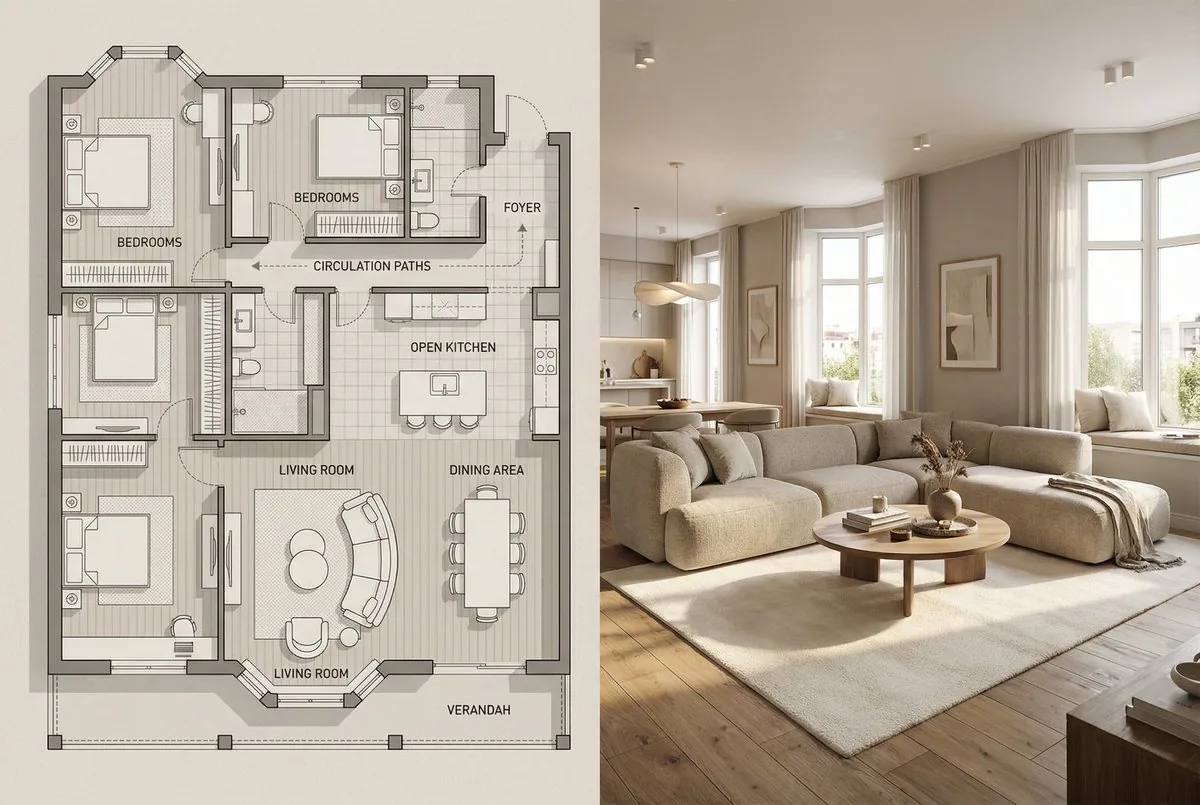 Architectural Floor Plan and Realistic Interior Photo Generation reference
